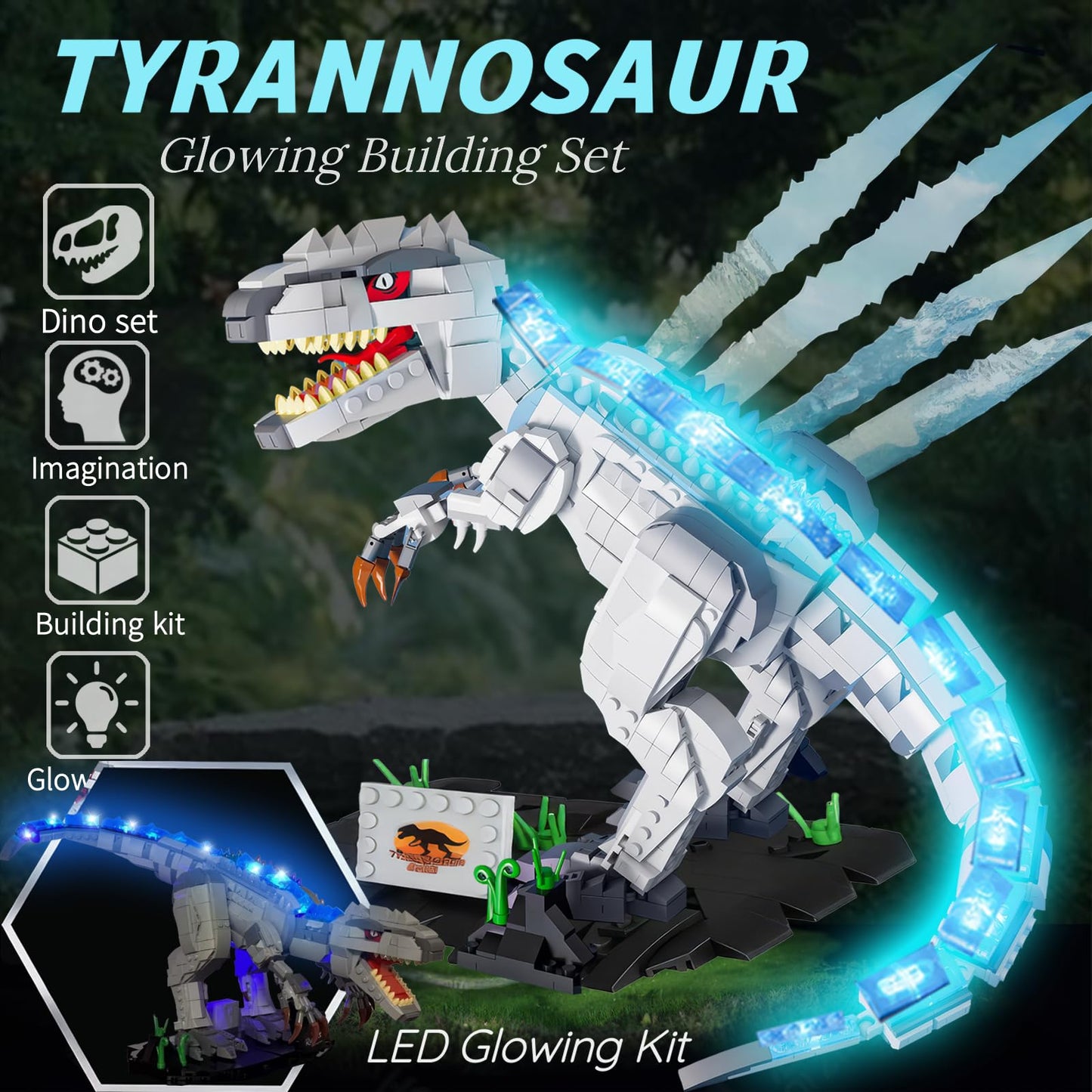 AIRNEY Light Up Dinosaur Building Block Set, 23.6" Glowing Tyrannosaur, Educational Plastic Kit for Boys 6+ and Adults, White