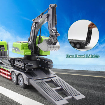 Fistone RC Semi Truck & Excavator Toy Set, 1:12 RC Semi-Trailer Truck with Sound and Lights, 2.4Ghz Remote Control Flatbed Truck