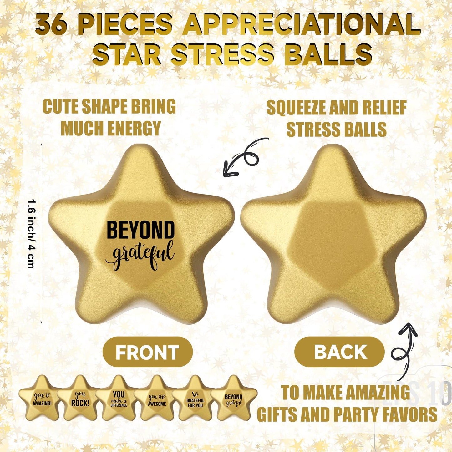 Deekin 36 Pieces Star Stress Balls 1.6 Inch Gold Mini Star Foam Balls Stress Star Relief Balls Stress Star Toys For Teens Adults