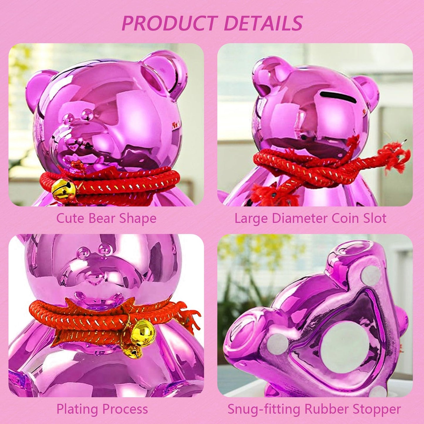 SOBEIT 7.36inch Bear Piggy Bank | Cute Bear Coin Bank | Shiny Plating Craftsmanship | Meticulous Details | Ceramic Bear Money Bank for Kids Girls Boys mature-themed(Rose Red/6.88 L x 5.62 W x 7.36 H)