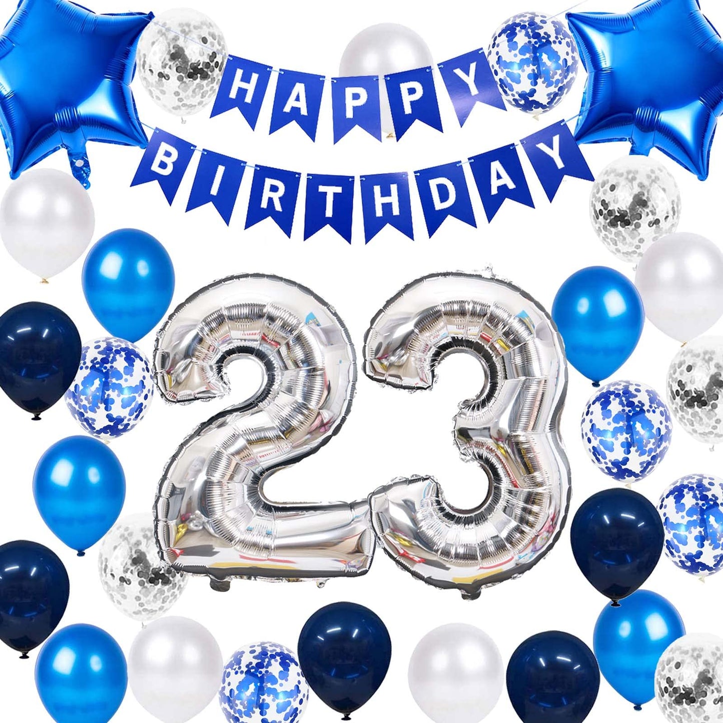 23Rd Birthday Party Decoration Blue For Him, Happy Birthday Banner Blue Number 23 Birthday Star Foil Balloons Latex Confetti Bal