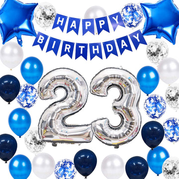 23Rd Birthday Party Decoration Blue For Him, Happy Birthday Banner Blue Number 23 Birthday Star Foil Balloons Latex Confetti Bal