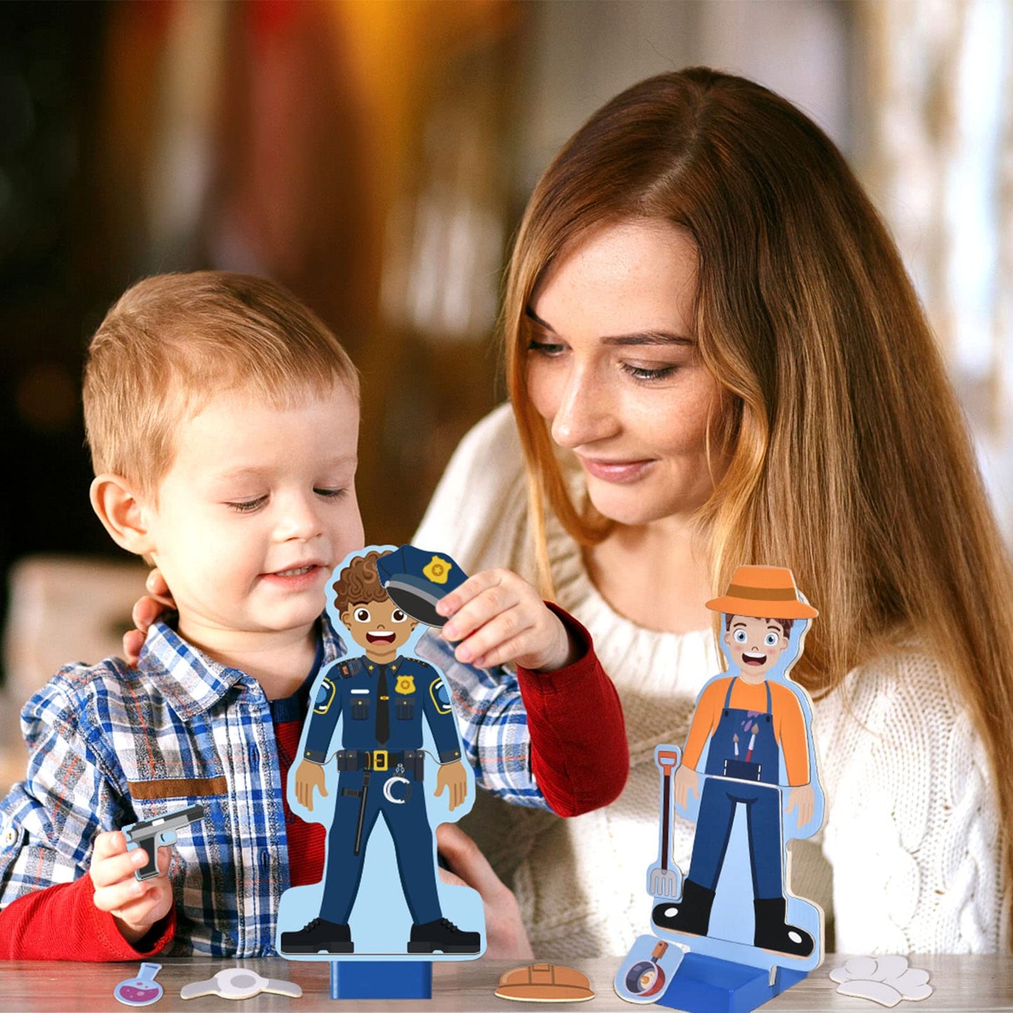 Atoylink Wooden Magnetic Dress Up Dolls Pretend Play Set 40+ Pcs Occupations Community Helpers Matching Games Fridge Magnets For Toddlers Preschool Learning Toys Boys Birthday Gifts