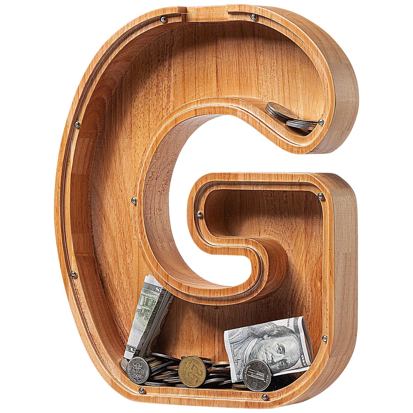 Piggy Bank For Kids Boys Girls, Large Personalized Wooden Letter Piggy Bank With Cut-Out Design, Alphabet Letter Coin Banks, Money Savings Box, Wooden Bank For Kids Creative Gift For Real-Money(G)