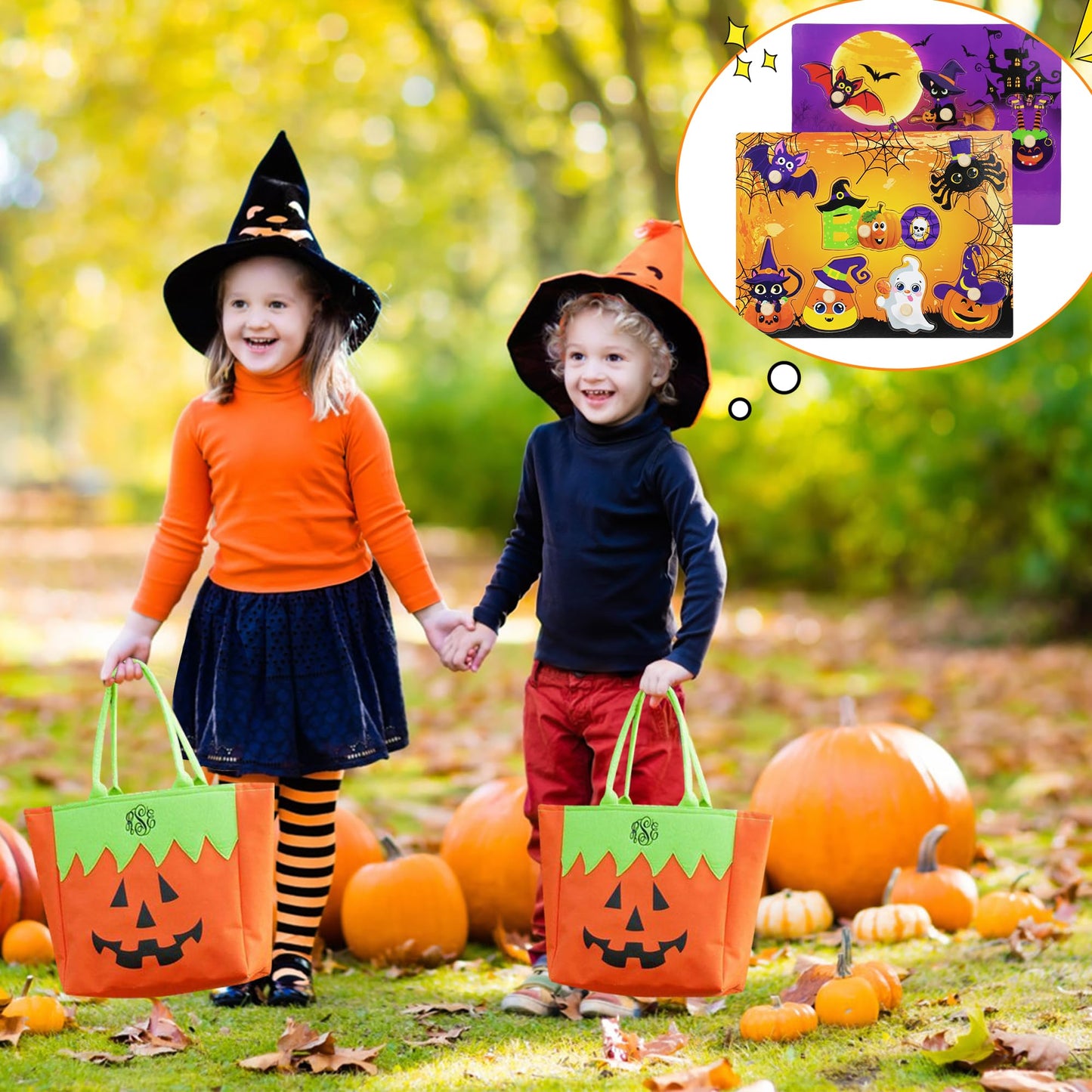 2Pcs Halloween Wooden Peg Puzzles, Halloween Toys For Toddlers Educational Puzzle Kids Halloween Party Favors Halloween Basket S