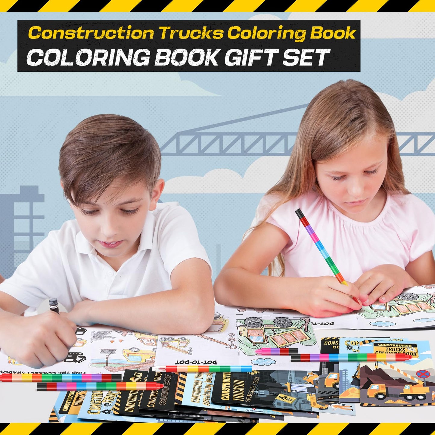 Motipuns 24 Set Valentines Day Exchange Classroom Gifts, 24 Construction Trucks Coloring Book with 24 Stacking Crayons for Stud