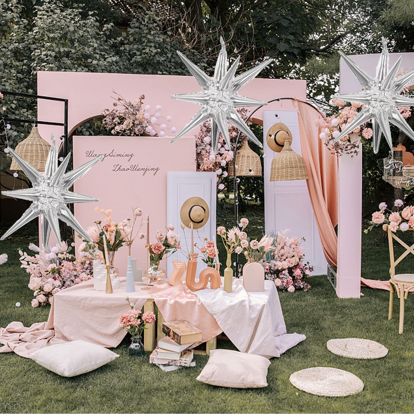 6 Pcs Silver Star Foil Balloons One-Piece 14-Pointed Star Balloons 4D Starburst Cone Mylar Balloons 22Inch Christmas Birthday We