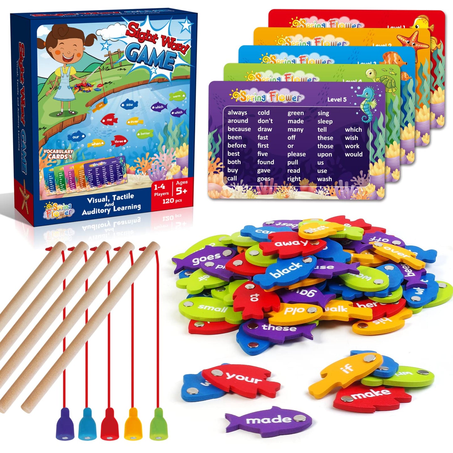 Springflower Wooden Magnetic Sight Word Fishing Game, Sight Word Educational Toy For Age Of 3,4,5,6 Year Old Kids, Boys & Girls,Homeschool,Visual, Tactile And Auditory Learning