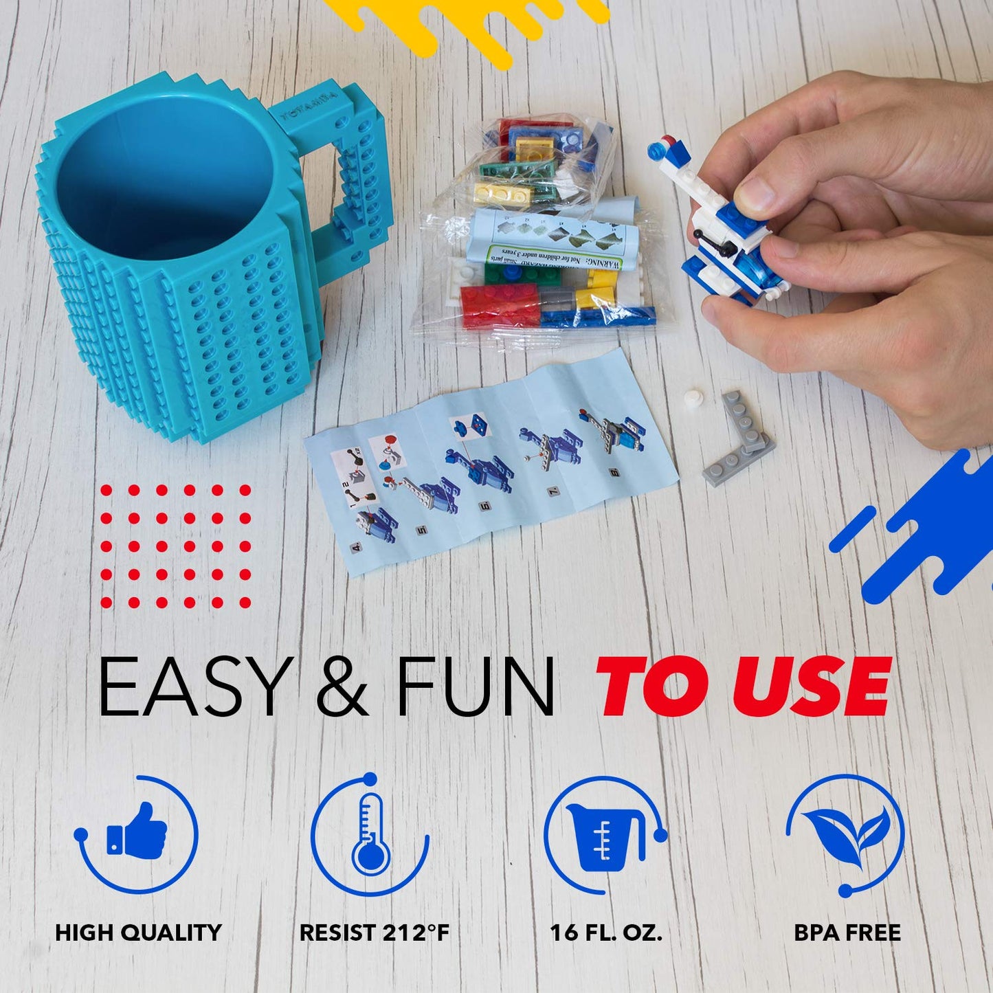 TOYAMBA Build-on Brick Mug BPA-Free Funny Coffee Mug with 3 Packs of Building Blocks Compatible with Major Brands, Funny Cups fo