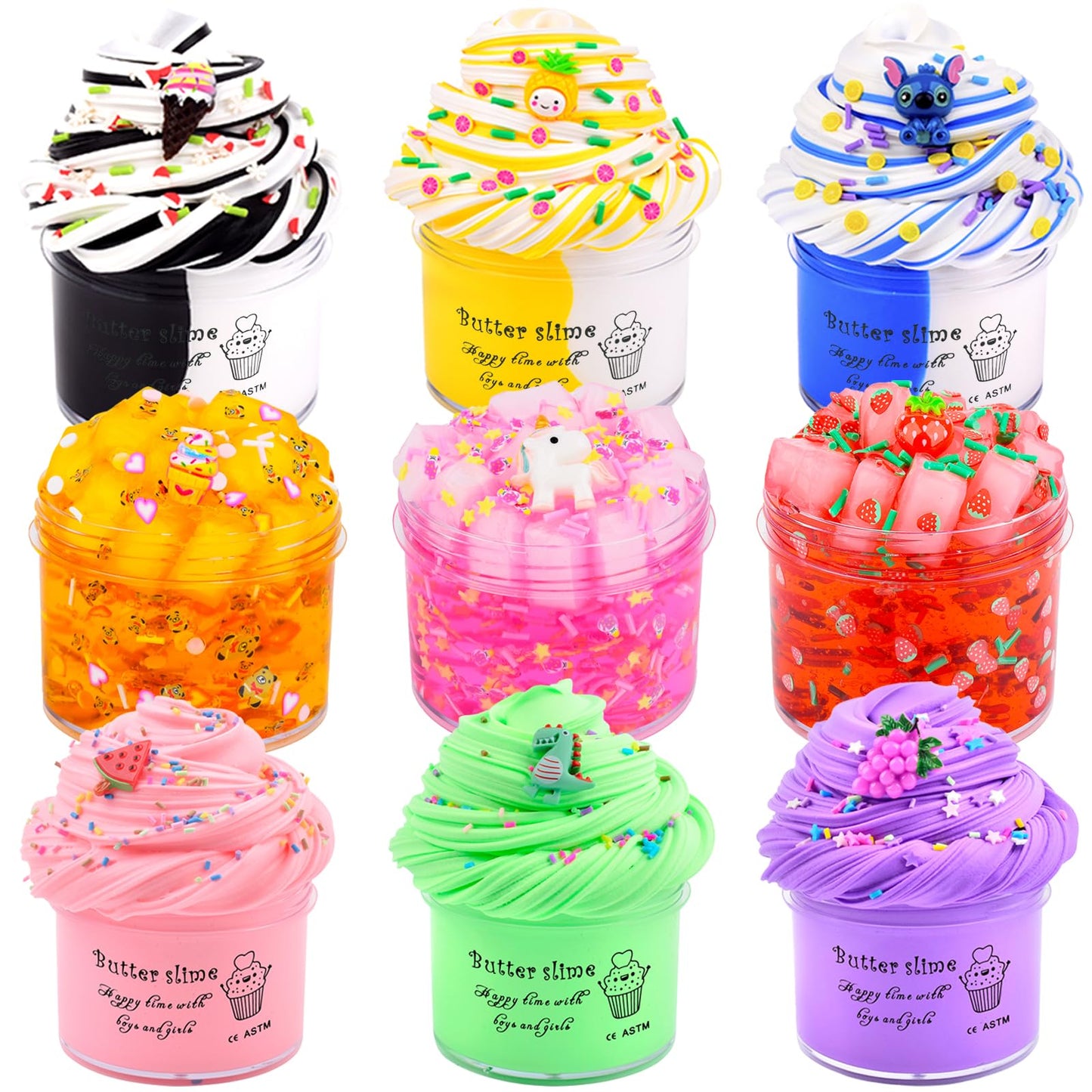 9 Pack Slime Kit  with 3 Jelly Cube Crunchy Slime and 6 Butter Slime  Orange  Blue  Pink Clear Crunchy Slime  Soft & Non-Sticky  for Girls and Boys FamilyToy  Party Favors and School Education