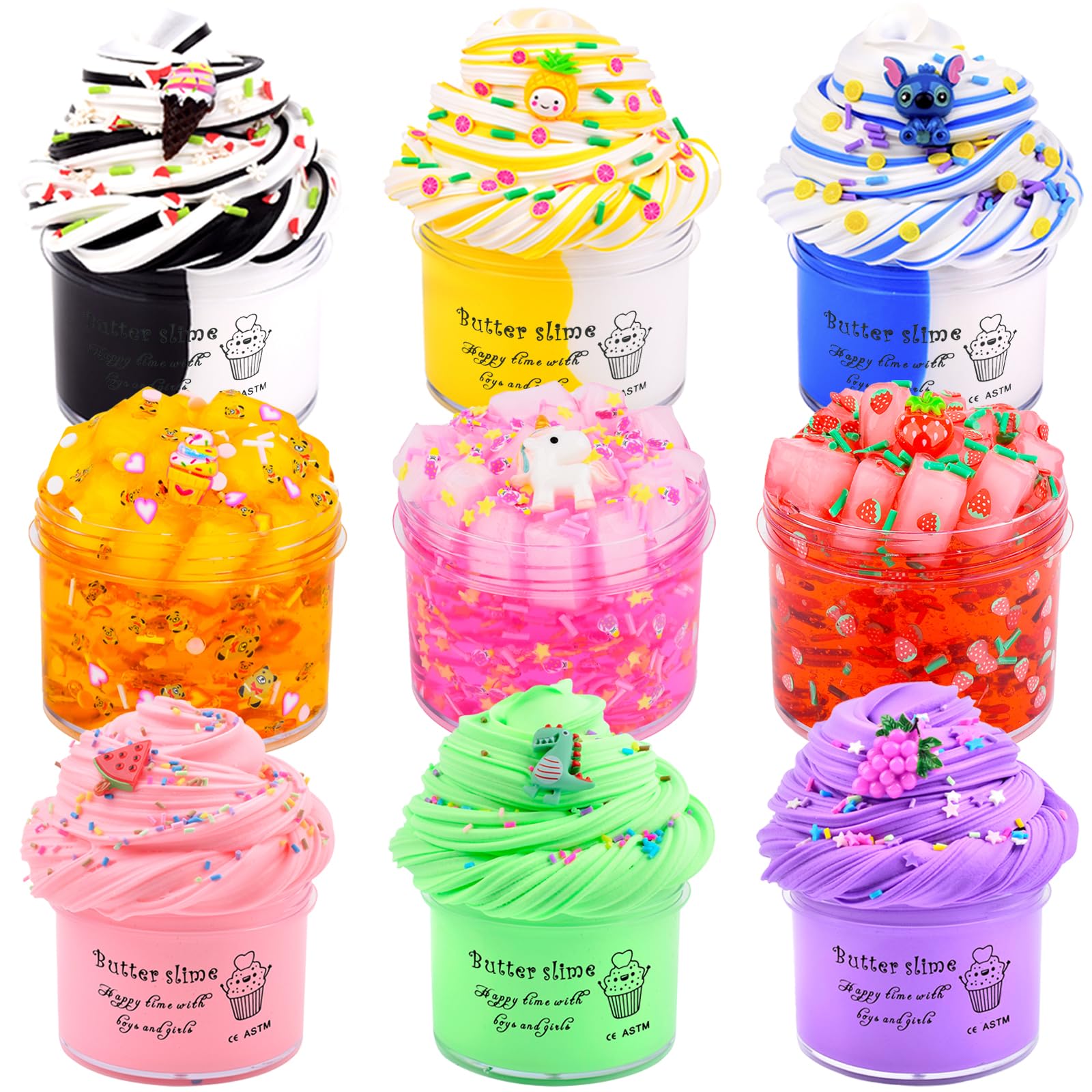 9 Pack Slime Kit  with 3 Jelly Cube Crunchy Slime and 6 Butter Slime  Orange  Blue  Pink Clear Crunchy Slime  Soft & Non-Sticky  for Girls and Boys FamilyToy  Party Favors and School Education