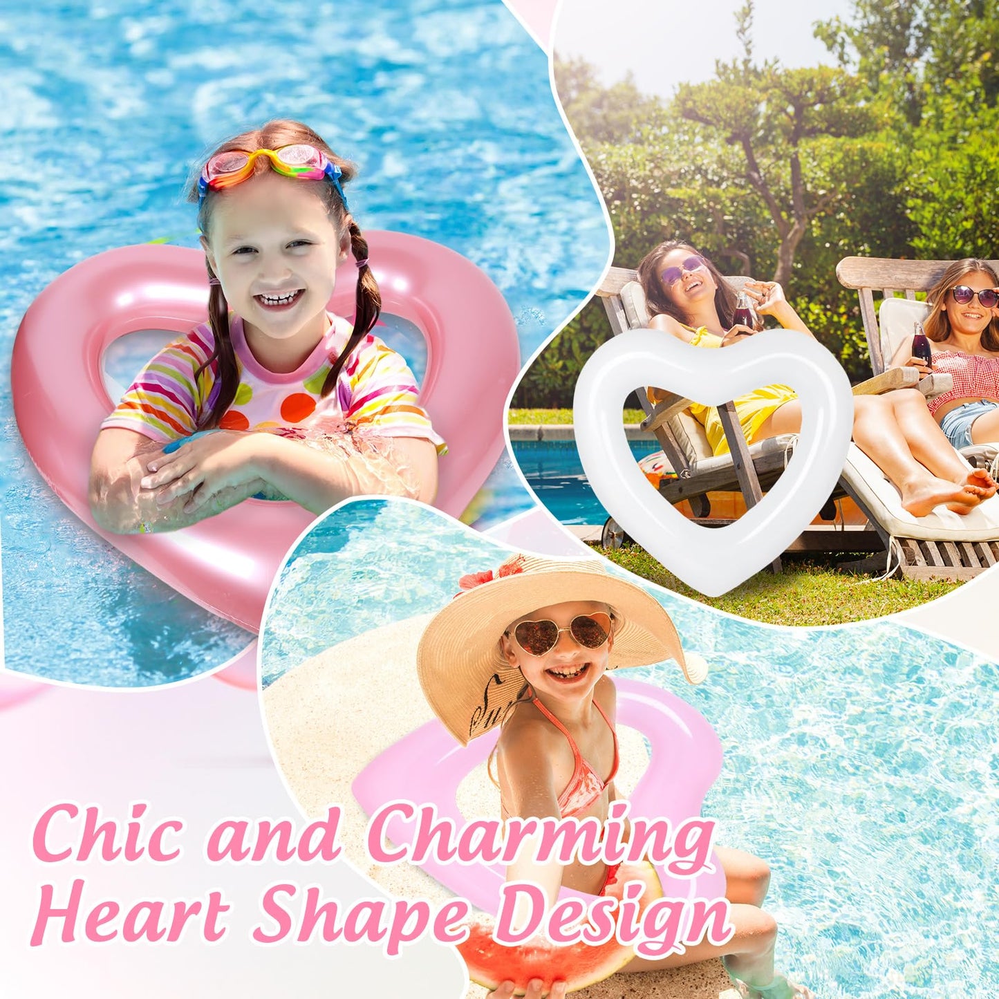 Whaline 3Pcs Inflatable Heart Pool Float Rose Gold Pink White Swim Heart Shaped Pool Rings Float Loungers Tube For Summer Swimmi