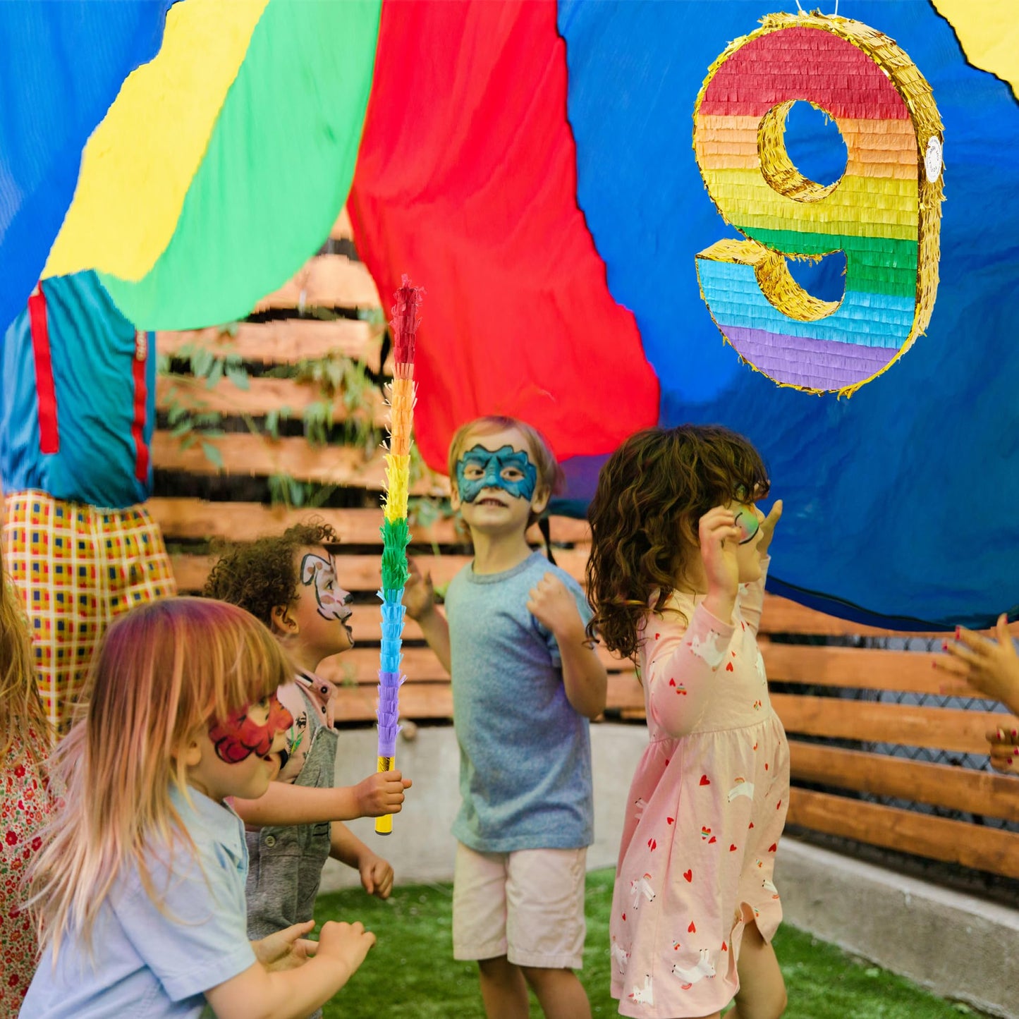 PCFING Rainbow 20 Inch Number 9 Piñata with Stick & Blindfold for Kids Birthday Party Decorations