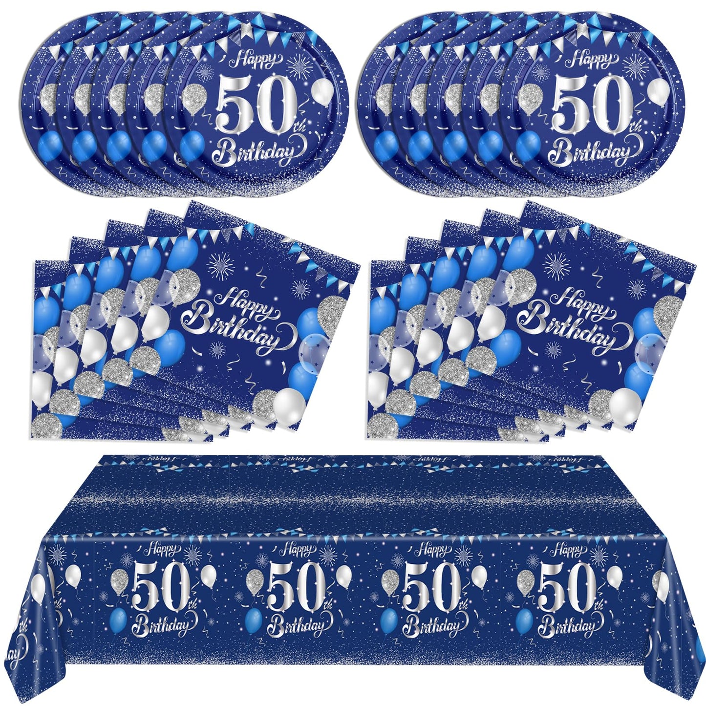 Navy Blue And Silver 50Th Birthday Paper Tableware Happy Birthday Party Plates Napkins And Plastic Table Covers For Men Women 50