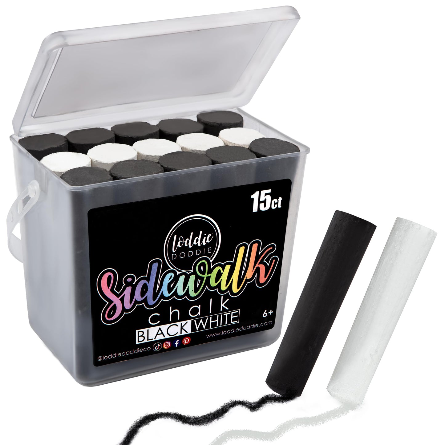 Loddie Doddie- 15Ct Bucket Of Sidewalk Chalk- Black And White- Long Lasting Non-Toxic Jumbo Sticks- Reusable Bucket For Hours Of