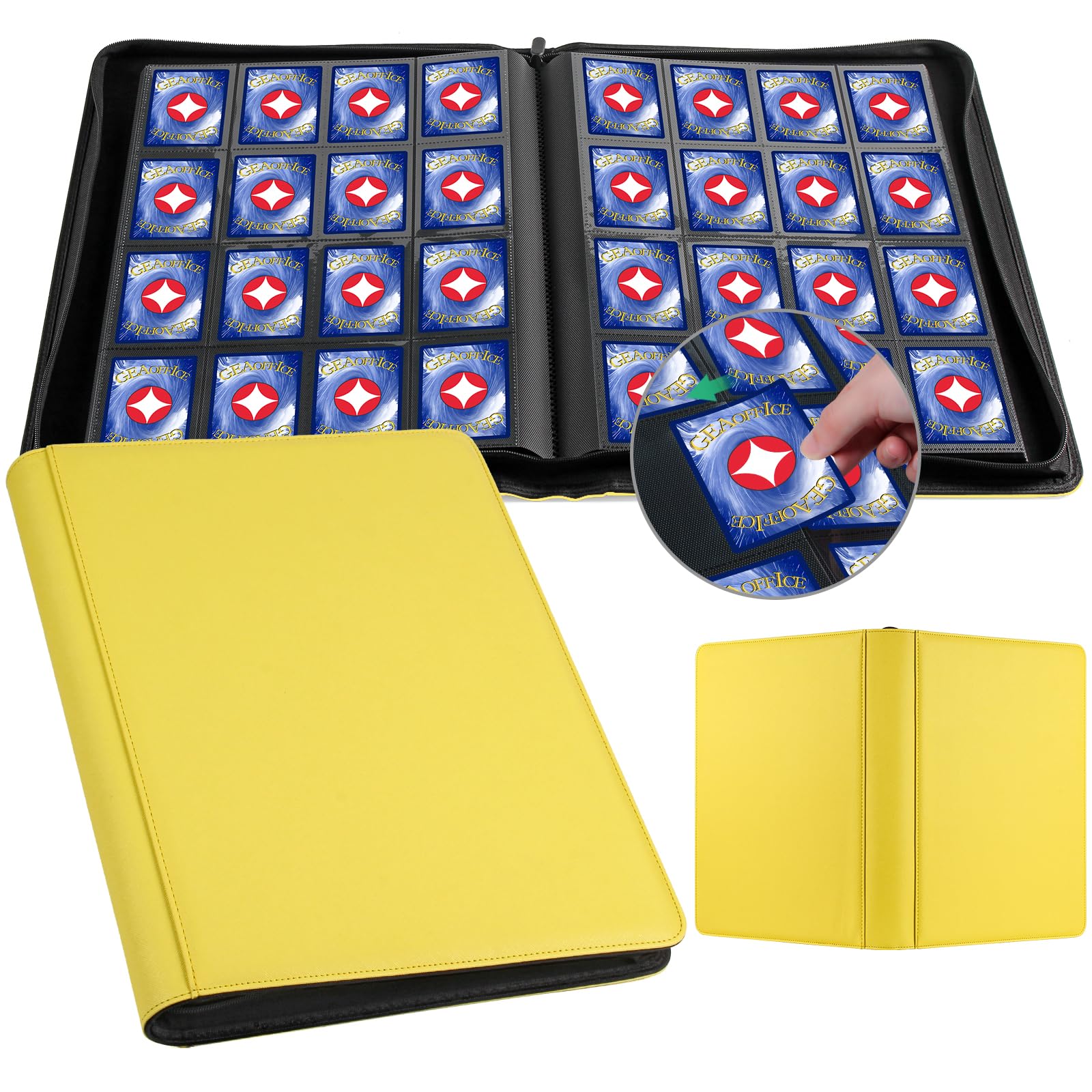 GEAoffice enhanced 1000 Trading Card Binder  Large Side Loading 16 Pocket Card Collection Binder Album Folder for MTG  TCG & Sports  Yellow