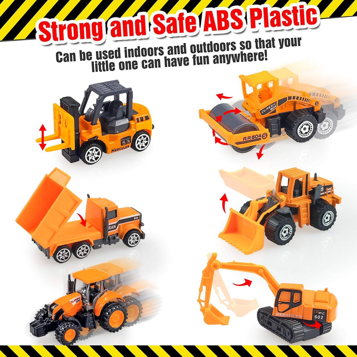 Blooming Lilies 6 Pack Diecast Construction Vehicle Toy Set, Mini Plastic Models for Boys & Girls, Yellow, Ages 1-7, Birthday Party Favors
