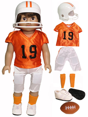 Orange and Black Football Uniform 6pc for 18-Inch Dolls | enhanced Quality & Trendy Design | Dolls Clothes