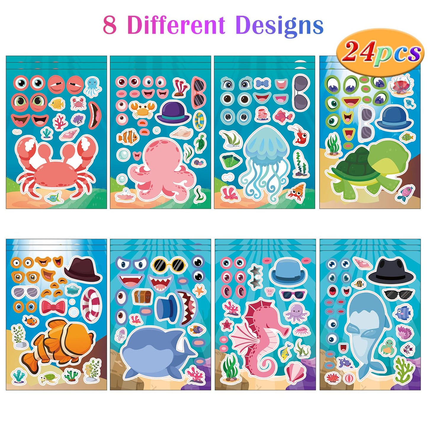 24 Sheets Sea Animals Make A Face Sticker Sheets For Kids Todders Activities, Make Your Own Stickers For Kids Birthday Party Fav