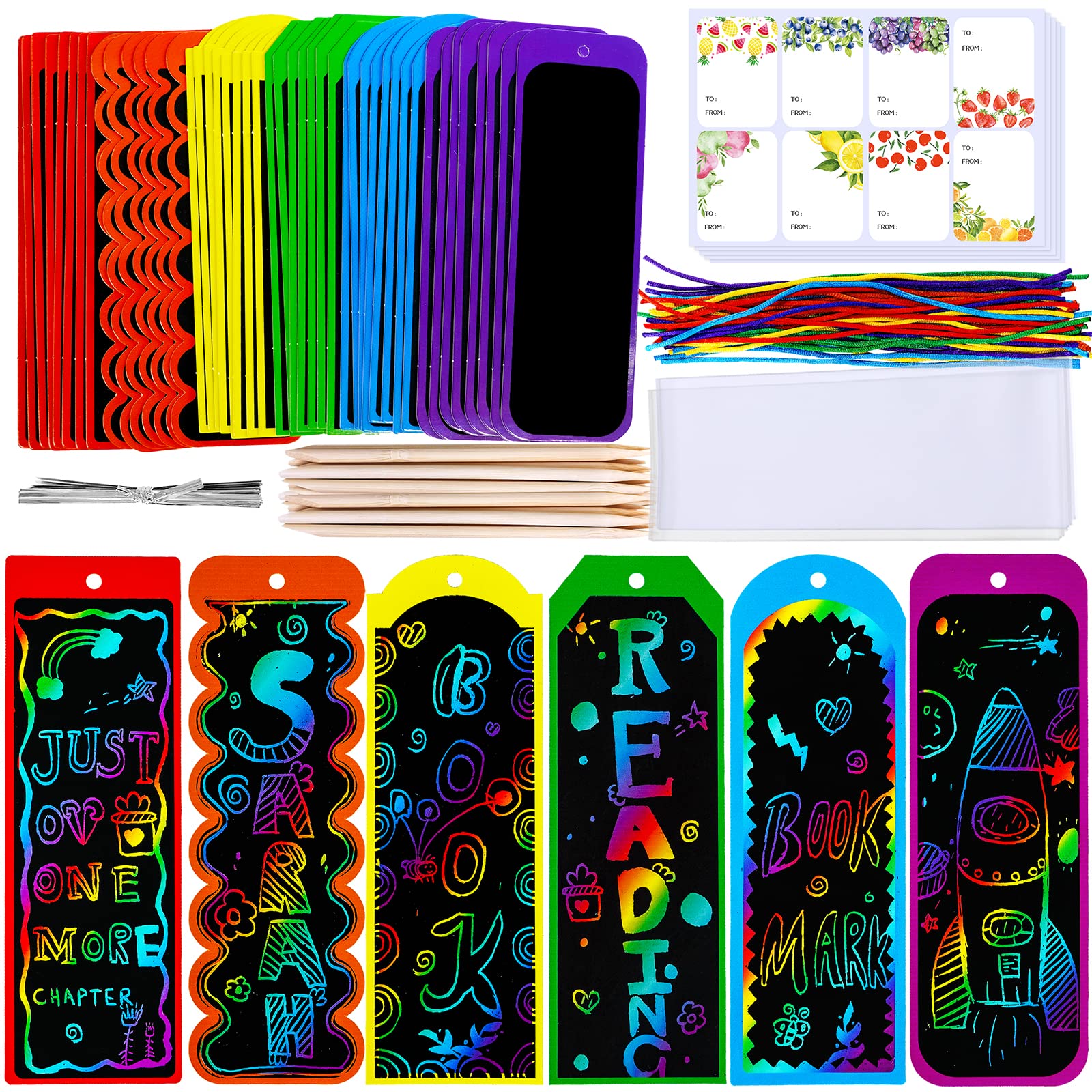 Winlyn 48 Sets 6 Styles Magic Color Scratch Bookmarks Craft Kits Rainbow Scratch Paper Art Sets for Kids Students Party Favors D