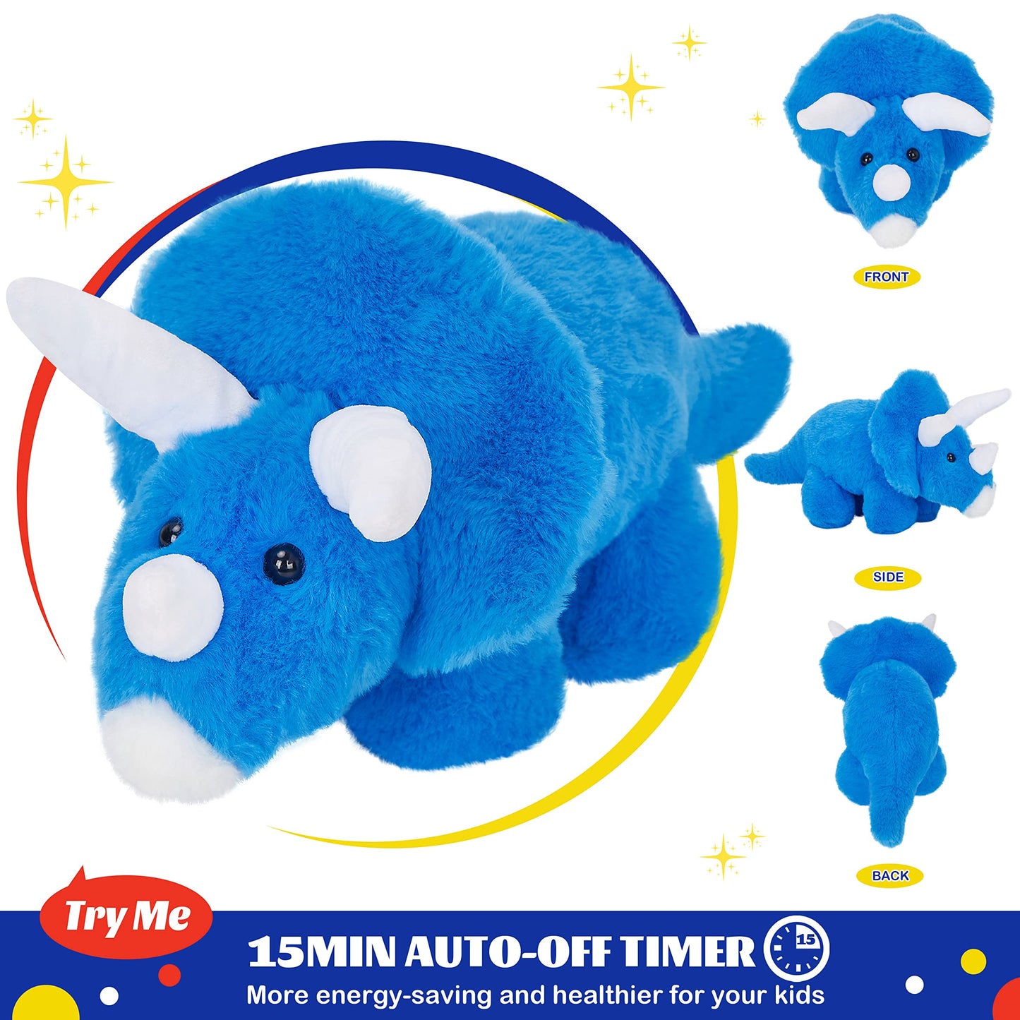 Glow Guards LED Triceratops Plush Toy - 16'' Blue Dinosaur with Night Lights & Lullaby for Kids and Toddlers