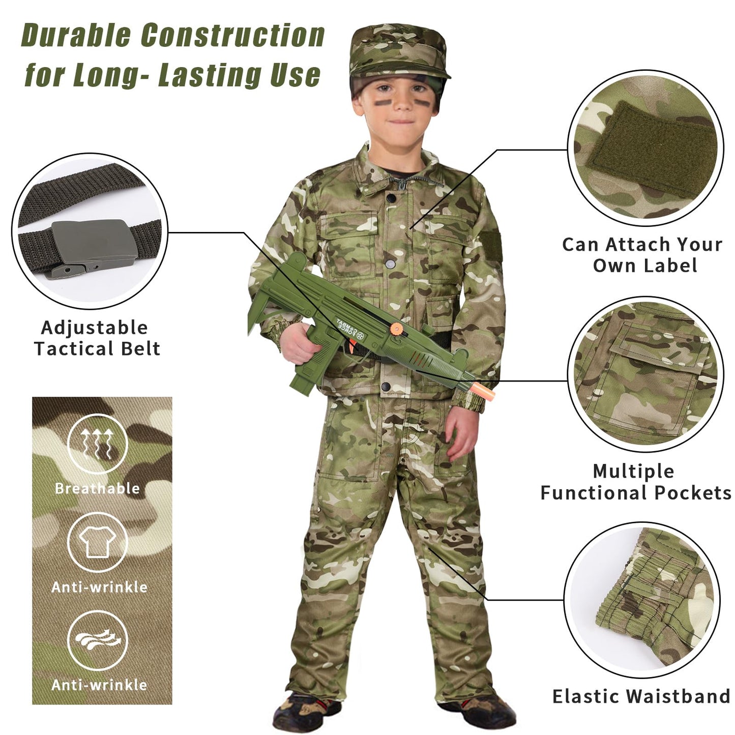 Tacobear Army Soldier Military Costume For Kids Boys Ages 3-11 Halloween Dress Up Role Play Set With Toy Accessories
