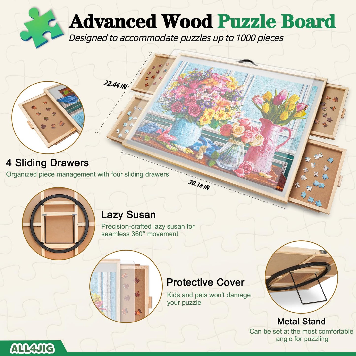 ALL4JIG 1000-Piece Puzzle Board, 30.16"x22.44", Adjustable Angle, Wood with Drawers, Iron Color, Clear Cover