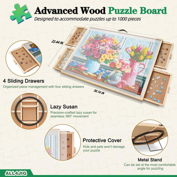 ALL4JIG 1000-Piece Puzzle Board, 30.16"x22.44", Adjustable Angle, Wood with Drawers, Iron Color, Clear Cover