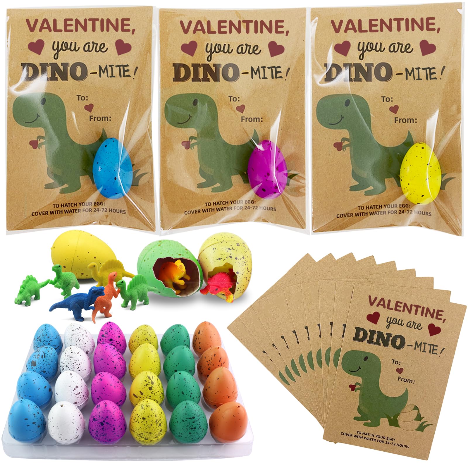 Y_Bong Valentines Day Gifts for Kids - 24 Pack Dinosaur Egg Hatching Card Bulk - Funny Dino Valentine Exchange Cards for Boys Gi