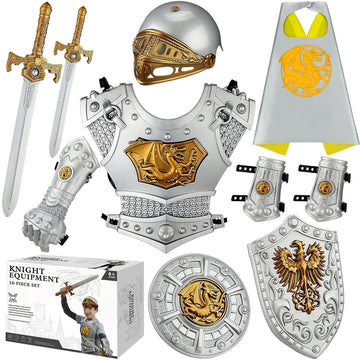 Kids Medieval Knight protective covering for Boys  Royal Knight Costume Cosplay Suit of protective covering with Helmet  Chest Piece  Cape  decorative replica blade and Shield  Pretend Role Play Plastic Boy Toys Halloween Costumes Dress Up Playset