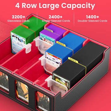 Flooyes Card Storage Box For Trading Cards With 4 Card Supporters, 3200+ Mtg Deck Box With 24 Colorful Dividers, Commander Trading Card Storage Box With Viewing Windows For Magic Game Cards, Red