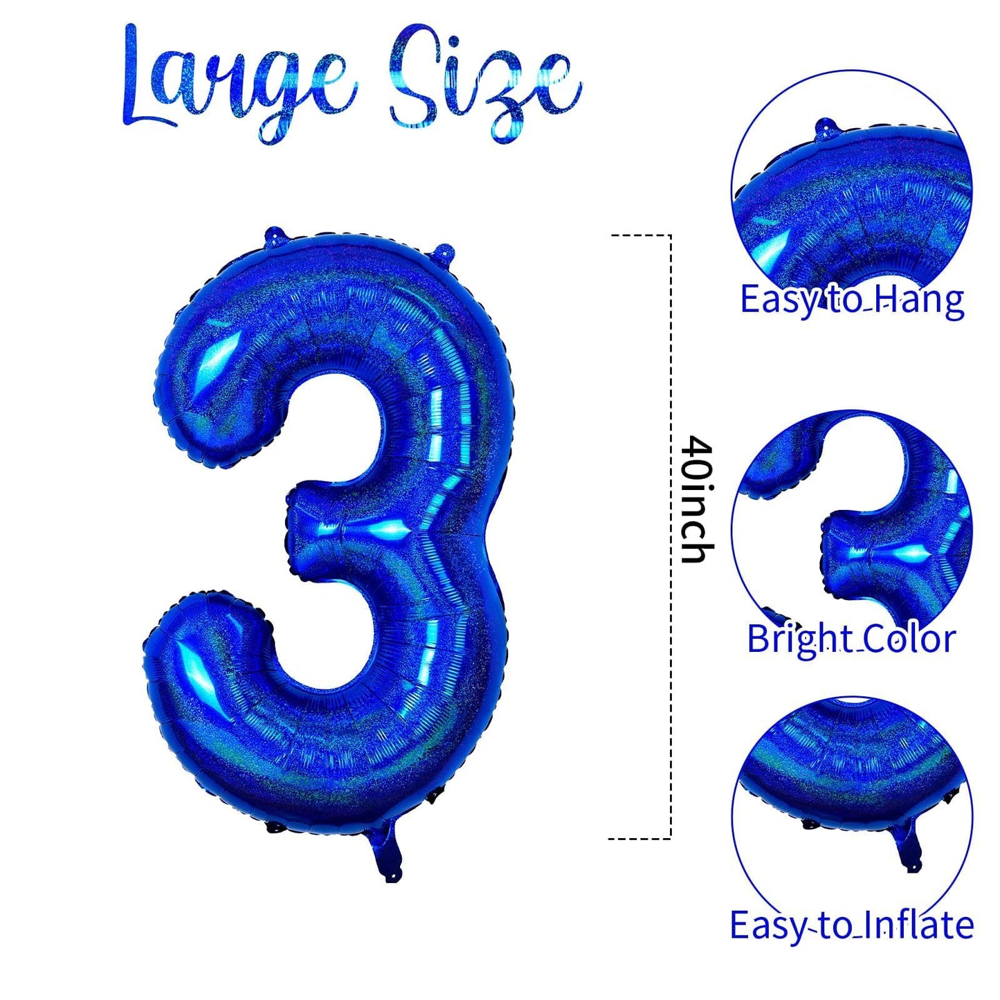 Number 3 Balloon 40 Inch, Dark Blue Big Number Balloon, Giant Foil 3 Balloons Number, Helium 3Rd Birthday Balloons For Kids Boys