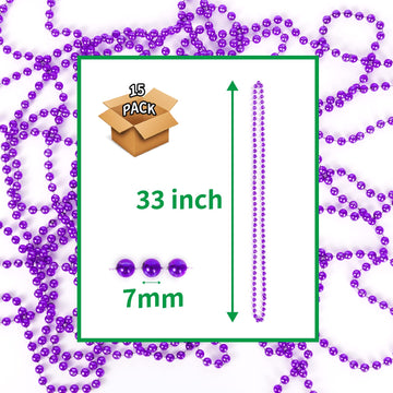 YAXINRUI 33 Inch 7 mm Metallic Purple Bead Necklaces, 15pcs Mardi Gras Beads Bulk Round Beaded Necklaces Costume Necklace for Ma