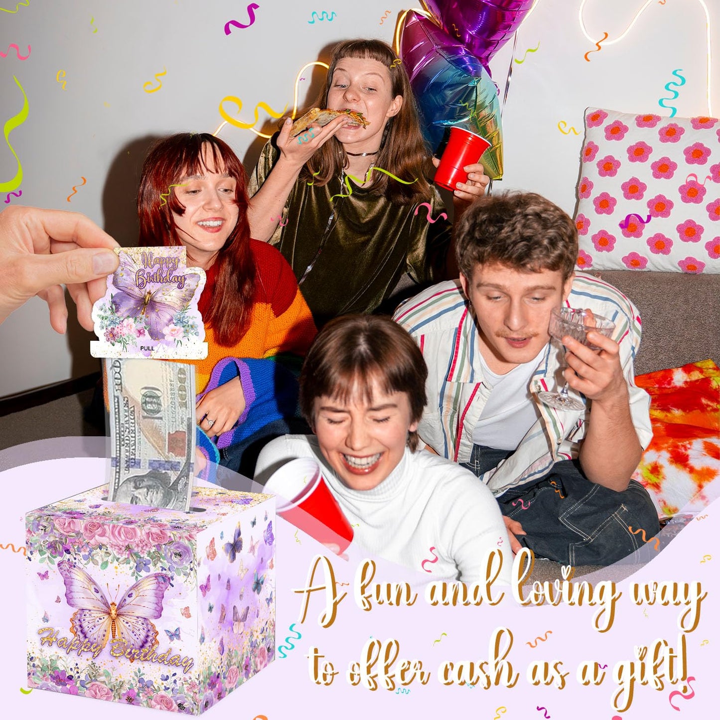 Shlinco Purple Butterfly Birthday Party Gifts, Birthday Gifts Money Pull Box For Butterfly Lover, Purple Theme Decorations, Them