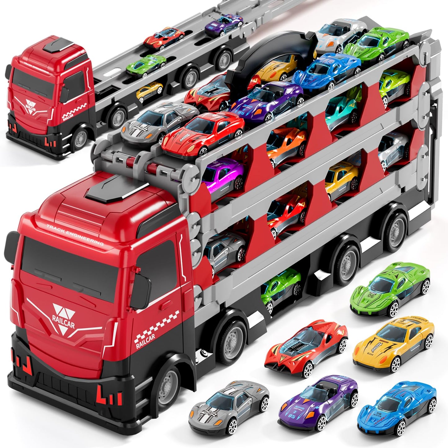 Ci Vetch 78-Inch Cars Trucks Toys For Toddler 1-3 2-4 3-5 4-7 Years Old Boys Kids, Transport Truck Toys With 24 Pcs Die-Cast Car