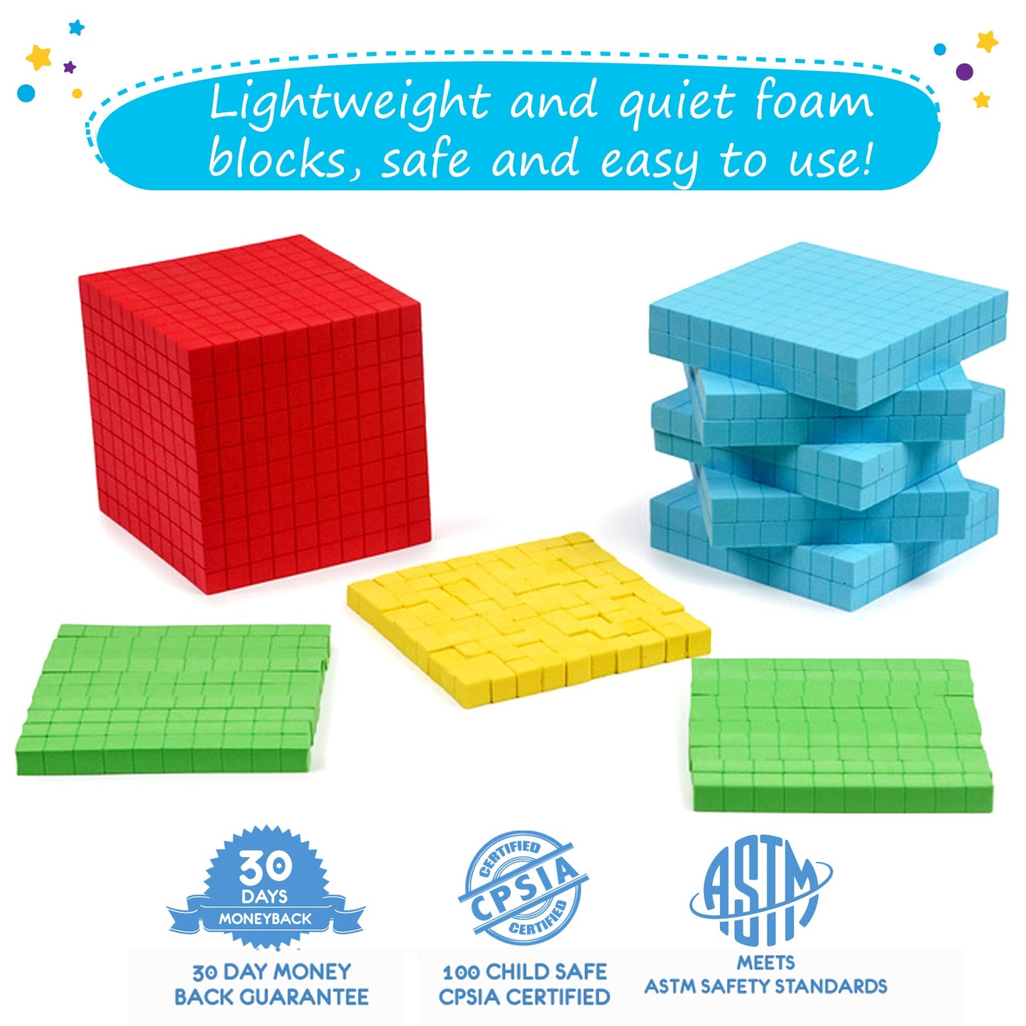 Simply Magic Foam Base Ten Blocks - 131 PCS Math Manipulatives for K-3, Assorted Colors, Ideal for Place Value Learning