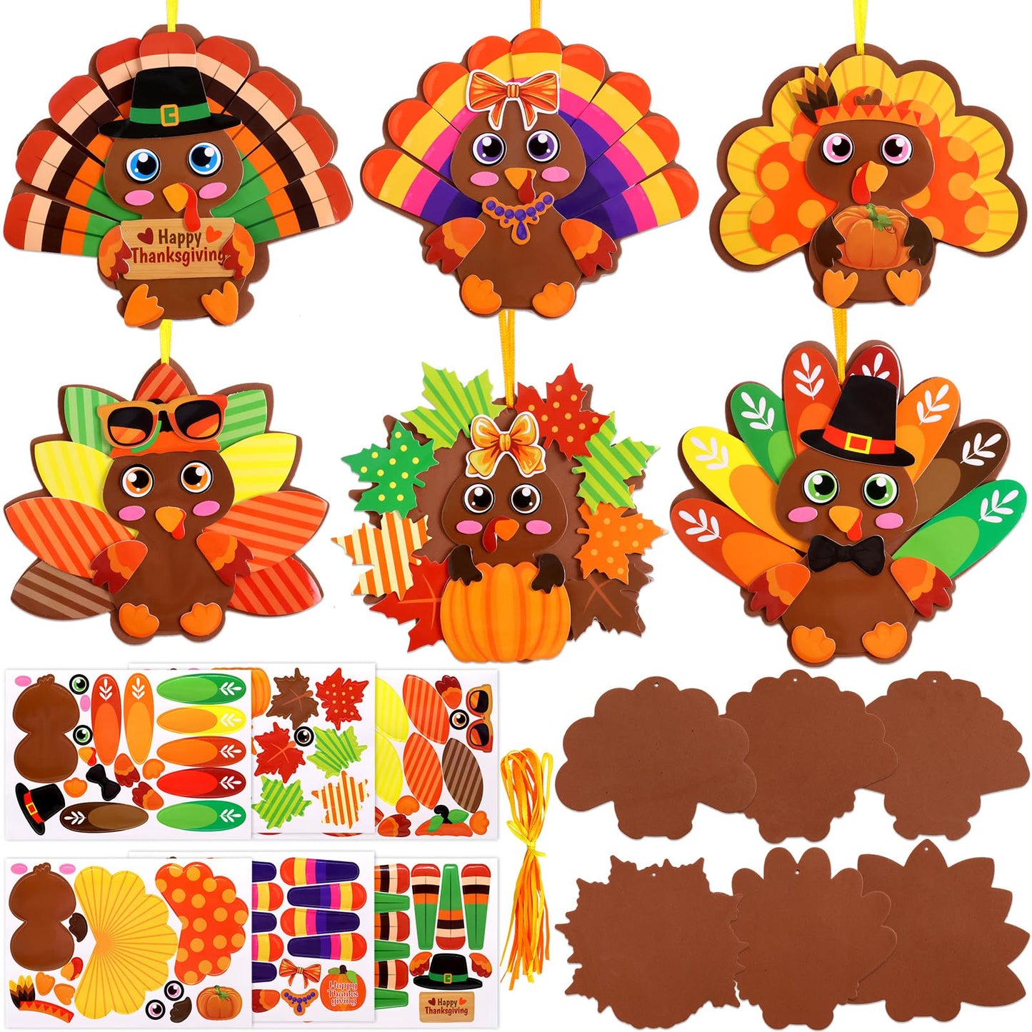 ceiba tree Turkey Foam Crafts Kit for Kids 12 Sets Thanksgiving Craft Kits Hanging Ornament with Foam Self Adhesive Stickers for