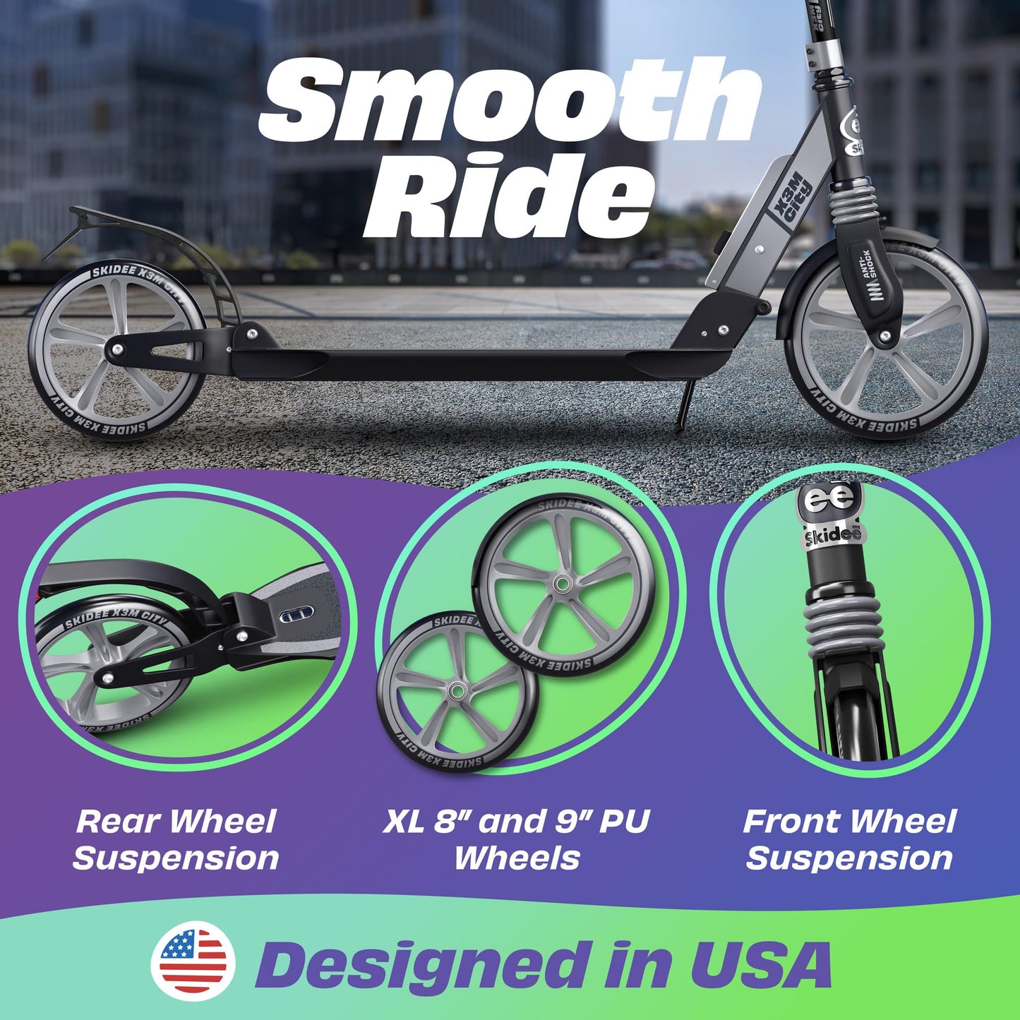 Skidee Kick Scooters for Kids 8-12 - Adjustable Height Up to 41, Foldable, 8 Shock-Absorbing Wheels, 220LBS Capacity - Ultra Smo