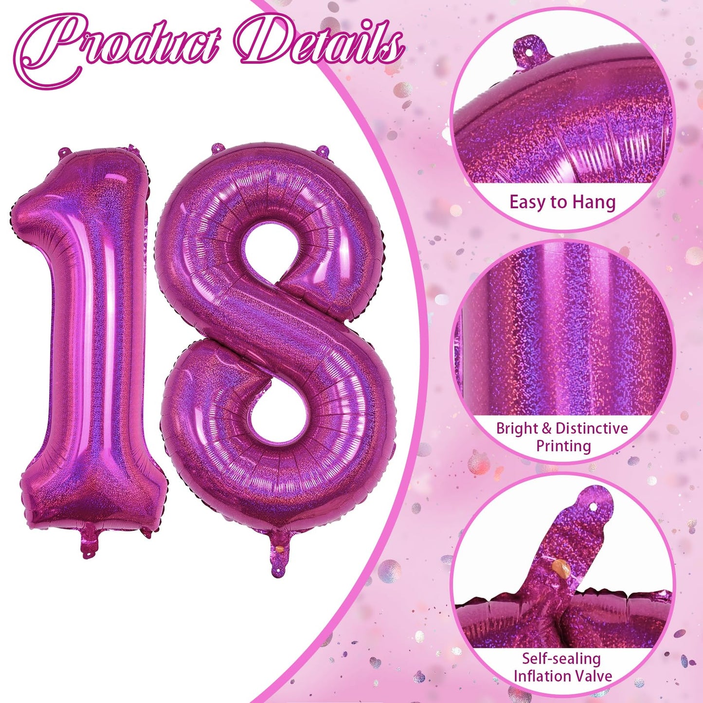 18Th Birthday Laser Hot Pink Balloons, Large Foil Number 18 Balloons For Women Anniversary Decor, 40 Inch Self Inflating Dark Pi