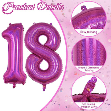 18Th Birthday Laser Hot Pink Balloons, Large Foil Number 18 Balloons For Women Anniversary Decor, 40 Inch Self Inflating Dark Pi