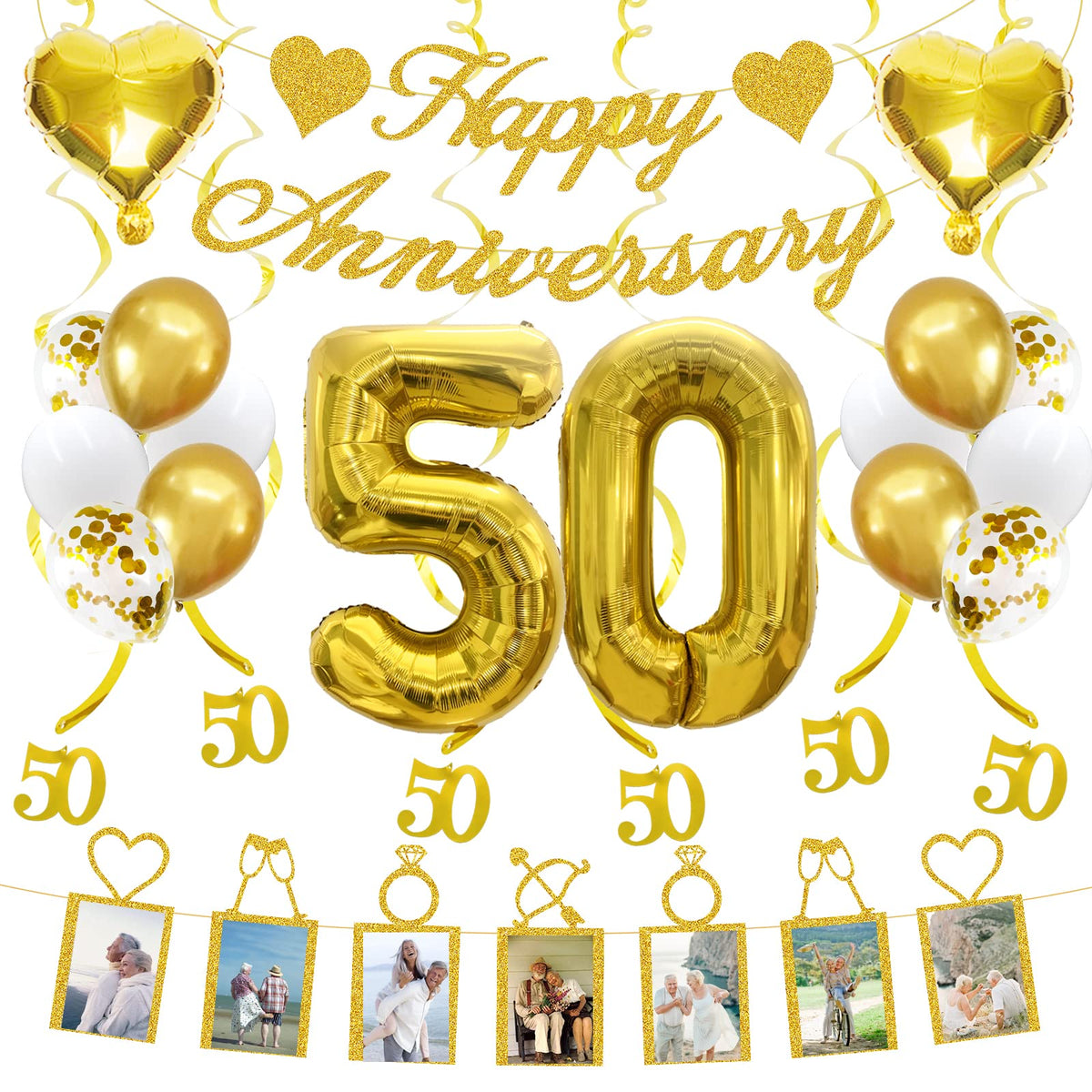 50th Anniversary Decorations Party Supplies Set of Happy Anniversary Photo Banner and Balloons,Hanging Swirls for 50 year Weddin
