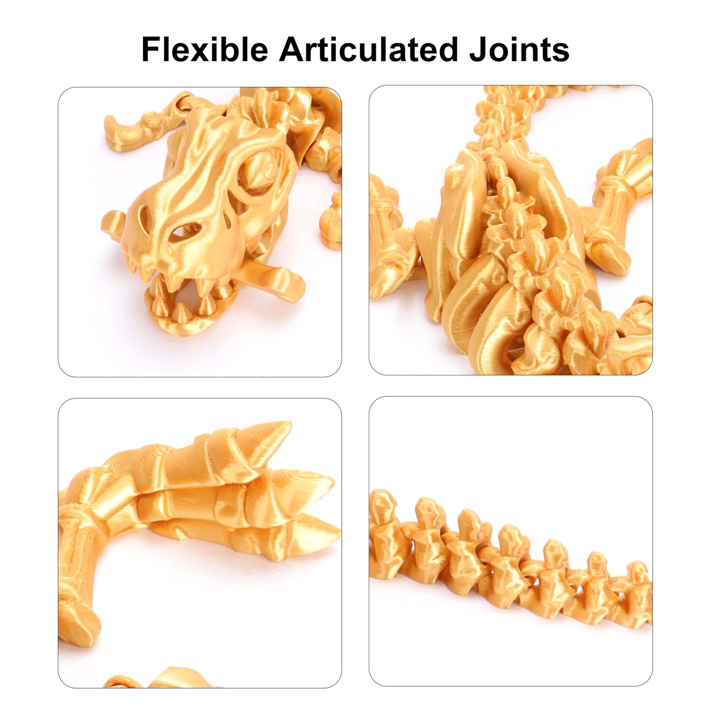 FunisFun 3D Printed Dragon with Articulated Bones for mature-themed  3D Printed Dinosaur Fidget Toys Decor for Stress Relief (Gold  1P)