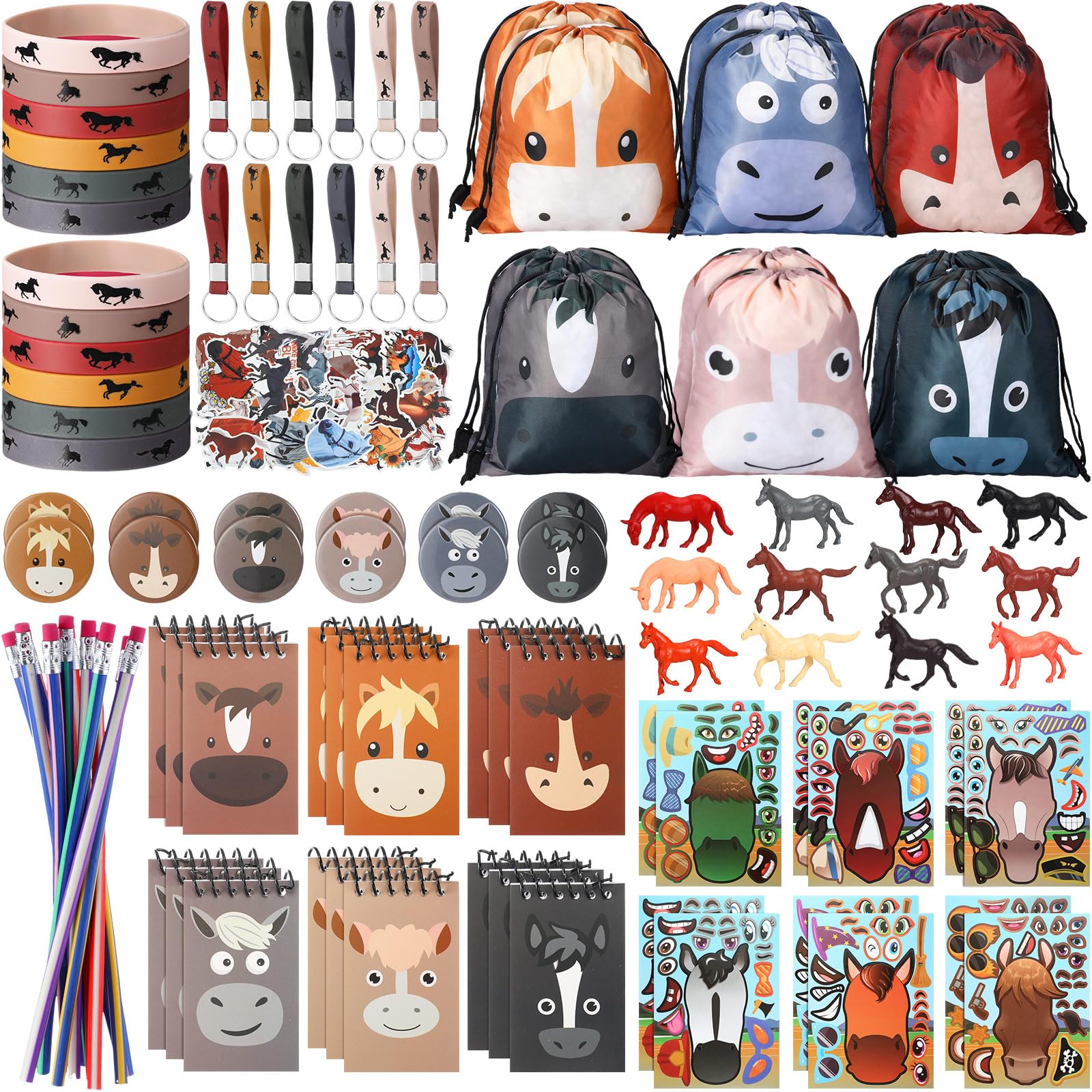 Liliful 152 Pcs Horse Themed Party Favor Supplies with Drawstring Bag Keychain Rubber Wristbands Badges Puzzle Stickers Horse St