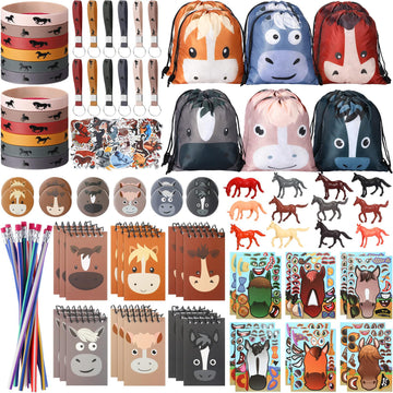 Liliful 152 Pcs Horse Themed Party Favor Supplies with Drawstring Bag Keychain Rubber Wristbands Badges Puzzle Stickers Horse St