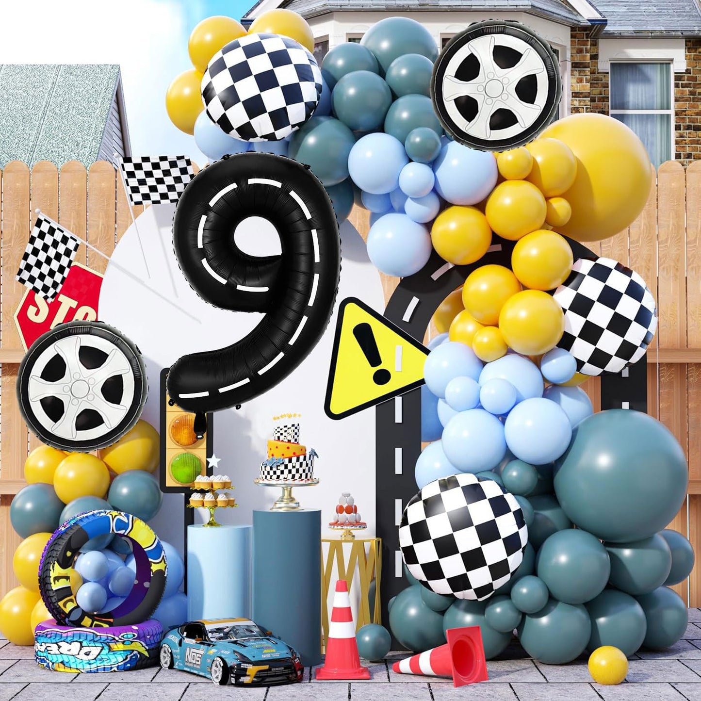 Race Car Birthday Balloons Decorations, 40 Inch Racetrack Black Number 9 Balloon, Large Mylar Black 9 Balloon For 9St Birthday R