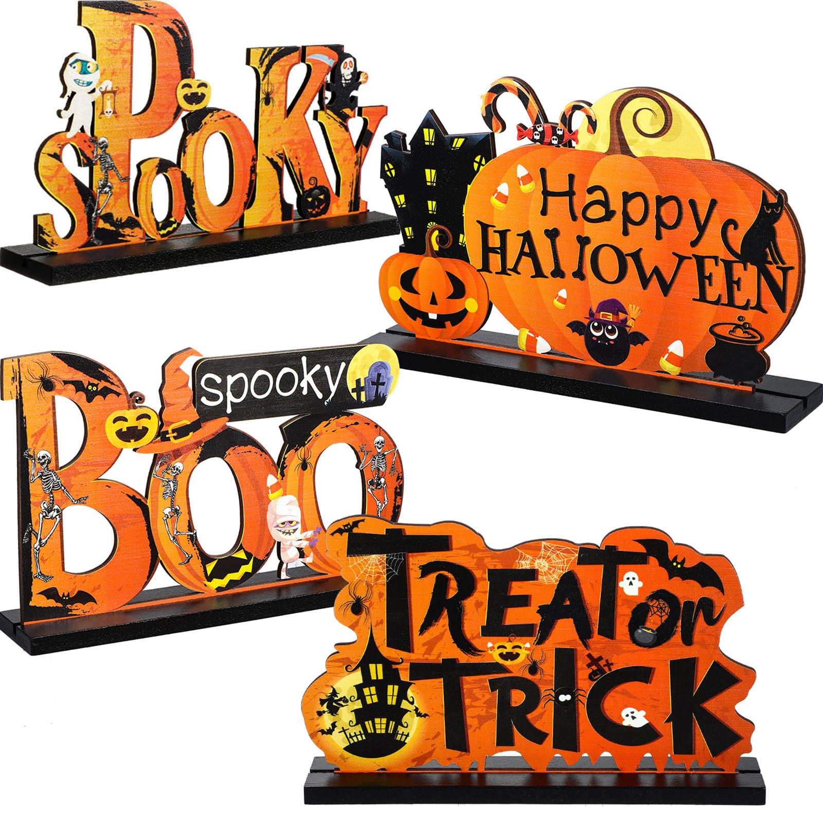 Blulu 4 Pcs Halloween Centerpieces for Tables Happy Indoor Table Decorations Pumpkin Table Centerpieces Wooden Boo Trick or Trea