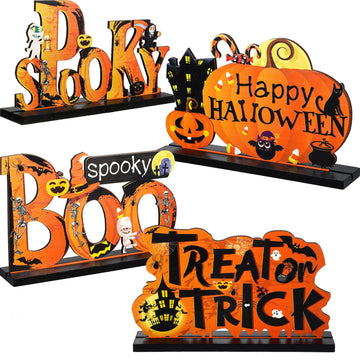 Blulu 4 Pcs Halloween Centerpieces for Tables Happy Indoor Table Decorations Pumpkin Table Centerpieces Wooden Boo Trick or Trea