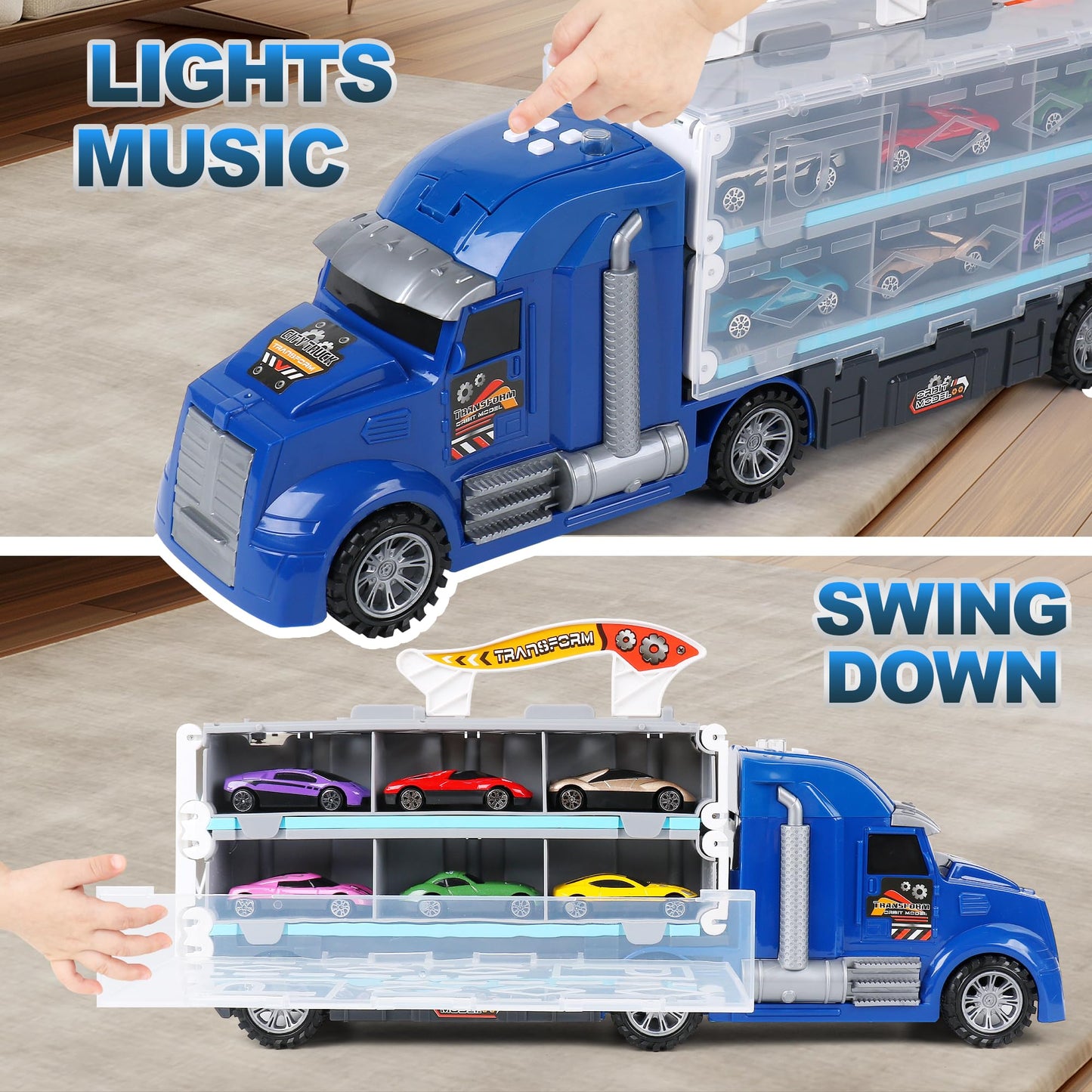 Dwi Dowellin Carrier Truck Toys for Kids,5-FT Hauler Truck with Ejection Race Track and 16 Die-Cast Metal Toy Cars,Car Toy Gift