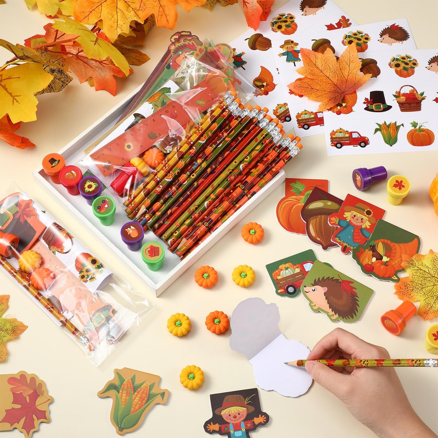 Cholemy 84 Pcs Fall Pumpkin Party Favor Thanksgiving Party Supplies Pumpkin Maple Stationery Set Notebook Sticker Stamper Eraser