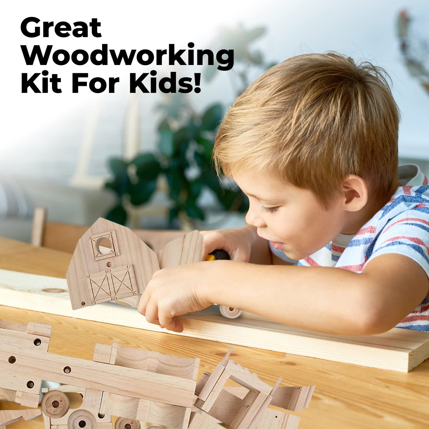 Kraftic Woodworking Kit - 6 DIY Carpentry Projects for Kids & Adults, Brown, Model DIY7